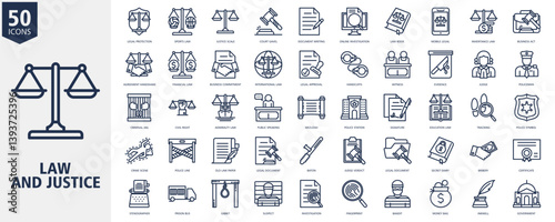 Law and Justice Icon Set Outline Style with legal protection, sports law, justice scale, court gavel, document writing, online investigation, law book, inheritance law, mobile legal and business act
