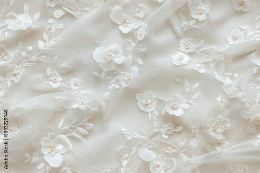 Seamless delicate fabric featuring intricate floral Embroidered tulle lace in soft white tones. The design includes small flowers and leaves, creating an elegant and romantic appearance. Seamless delicate fabric featuring intricate floral Embroidered tulle lace in soft white tones. The design includes small flowers and leaves, creating an elegant and romantic appearance.