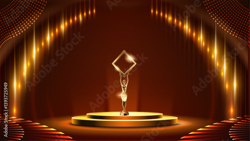 Red and Gold Stage Award Background. Creative Concept Template. Classy Premium Wedding Card. Grand Luxury Decorative Banner for Wedding and Birthday. Premium Congratulations Card. Event Invitation.