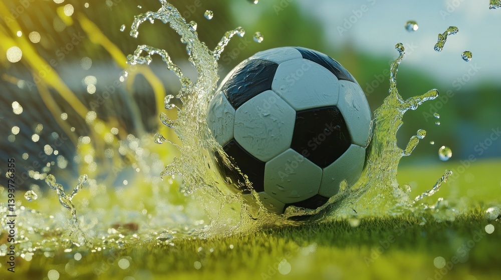 Naklejka premium Soccer ball splashing in water on grass