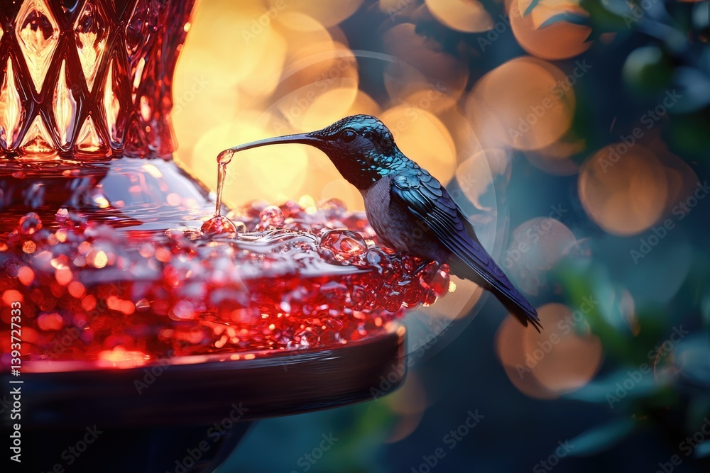 Fototapeta premium A hummingbird feeds from a red glass hummingbird feeder, enjoying the sweet nectar on a warm evening.