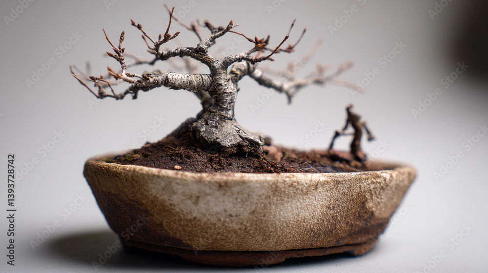 Fototapeta premium Admire a Miniature Bonsai Tree Gracefully Nestled in a Shallow Clay Pot Exuding Tranquility Today