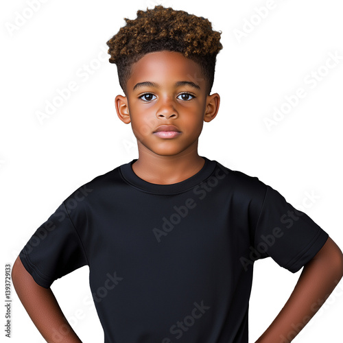 Confident young boy with curly hair wearing black shirt on transparent background
