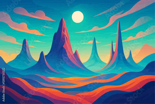 A surreal fantasy landscape featuring otherworldly mountains, floating landforms, and vibrant dreamlike colors. 