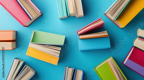 Wallpaper Mural Colorful books in a swirling pattern on blue, symbolizing creativity and vibrant imagination. Torontodigital.ca