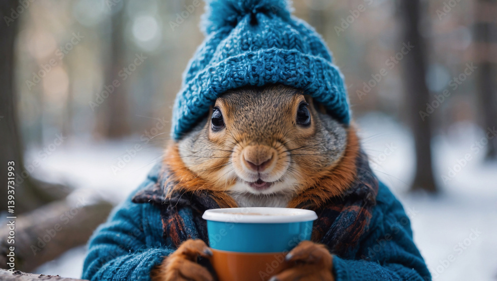A squirrel bundled in a cozy blue hat and sweater, enjoying a warm drink on a snowy day.Squirrel in a winter hat and jacket, holding a coffee cup in a snowy park.