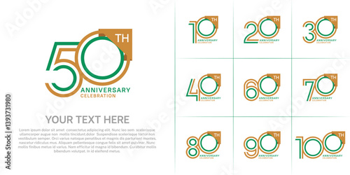 Anniversary logo type set with double line number. brown and green color for celebration event