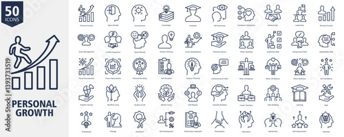 Personal Growth Icon Set Outline Style with Personal Growth, Open Minded, Concentration, Knowledge, Graduate, Self Awareness, Emotional Intelligence, Relationships, Leadership and Personal Growth
