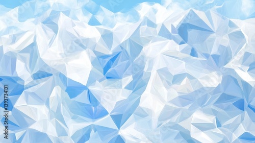 Geometric mountain range with snowy peaks against a light blue sky, low poly design