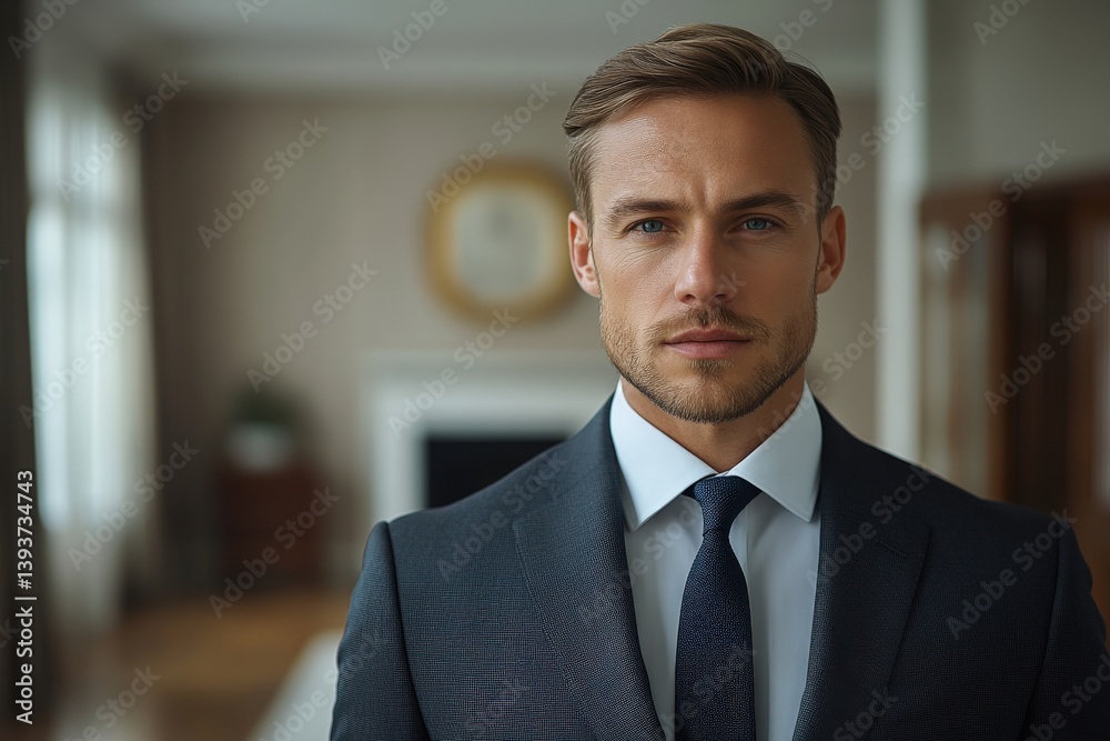 Fototapeta premium Confident man in suit, serious expression, elegant interior background