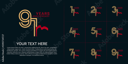 Anniversary logo type set with double line number. golden color and red ribbon for celebration event