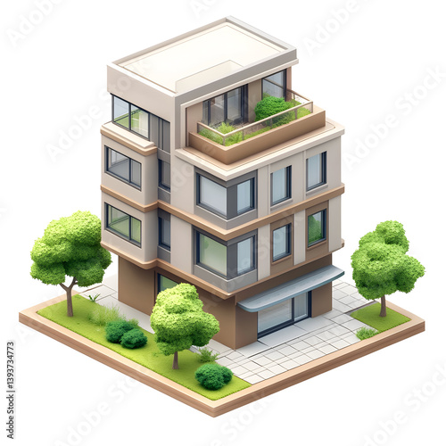 A modern apartment building with a rooftop garden and landscaping.