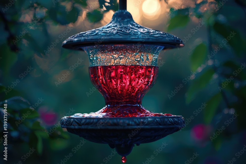 Fototapeta premium An elegant hummingbird feeder filled with nectar, hangs in a lush garden at sunset.