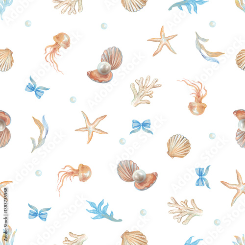 Seamless pattern of sea life hand drawn watercolor. Art work for textile, wallpaper, gift paper. Eps file have transparent background.