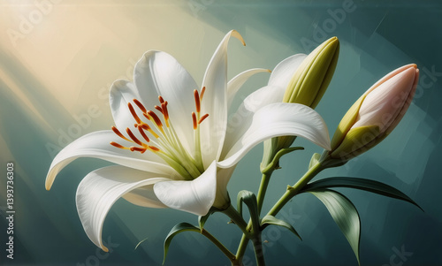 White lily in full bloom with delicate petals and stamen. Two buds are poised to open. Soft light illuminates the floral beauty.