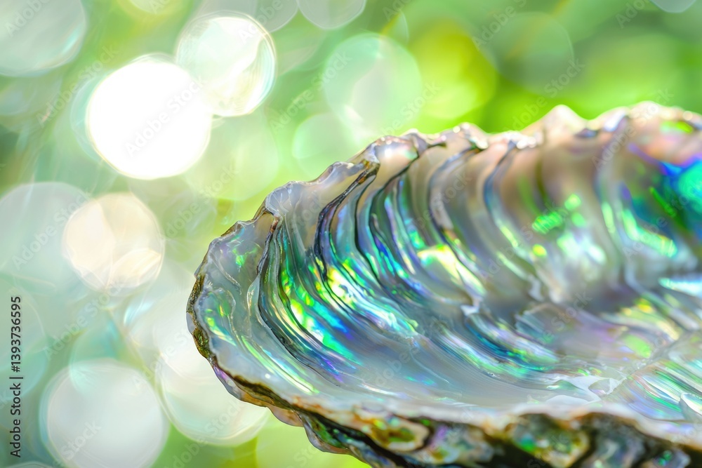 Fototapeta premium A vibrant abalone shell, iridescent and gleaming, rests against a soft green bokeh background.