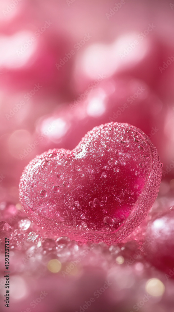 Fototapeta premium A heart made of candy is surrounded by small, shiny beads. The heart is pink and the beads are clear. Concept of sweetness and love
