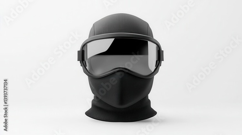 Cyber ninja mask with a sleek black visor, holographic interface, and lightweight aerodynamic design, set against white