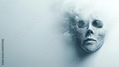 Glowing spectral mask with an eerie ghostly aura, translucent material, and mystical rune engravings, floating on a white background