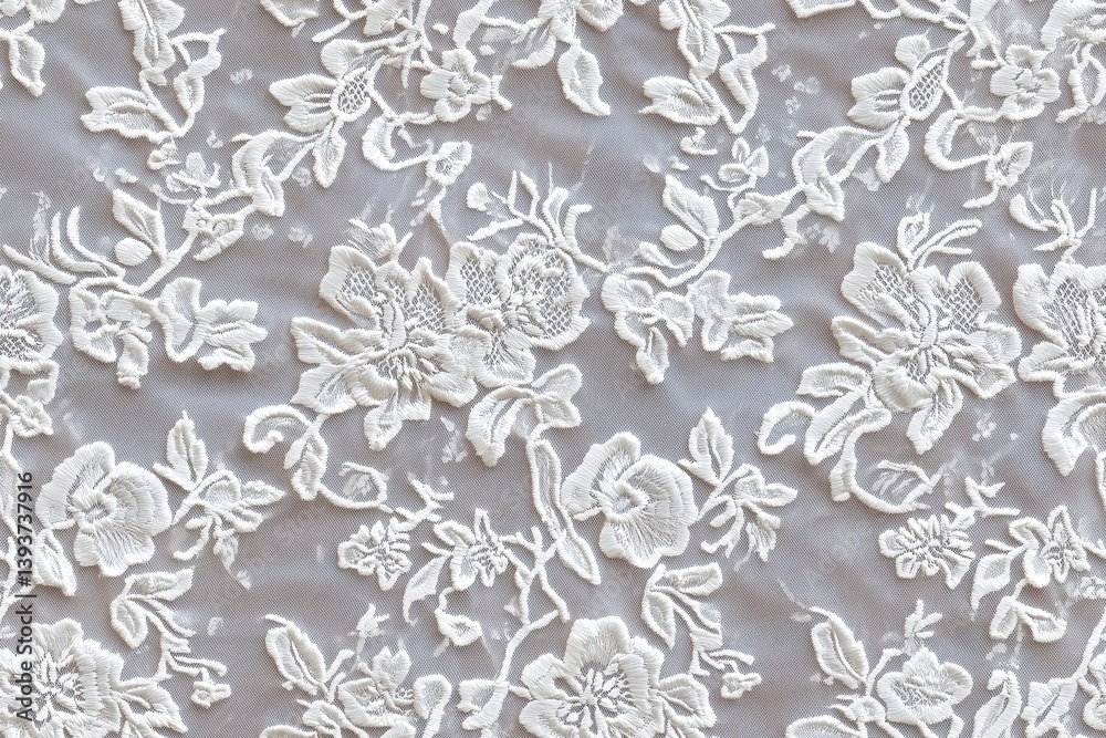 Seamless intricate white floral Mesh lace fabric with detailed embroidery on a light background. The design features various flowers and leaves, showcasing craftsmanship. Seamless intricate white floral Mesh lace fabric with detailed embroidery on a light background. The design features various flowers and leaves, showcasing craftsmanship.