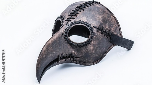 Mysterious plague doctor mask with a long beak, dark leather stitching, and a gothic Victorian aesthetic, isolated on white