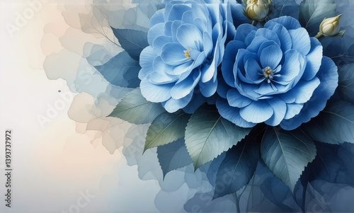 Wallpaper Mural Elegant blue flowers and verdant leaves are gently arranged against a soft, blurred backdrop, creating a serene and calming atmosphere in this floral artwork. Torontodigital.ca