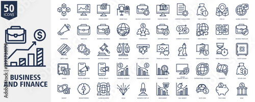 Business and Finance Icon Set Outline Style with blockchain, data analytics, making money, work place, business management, online banking, content management, time is money and global marketing

