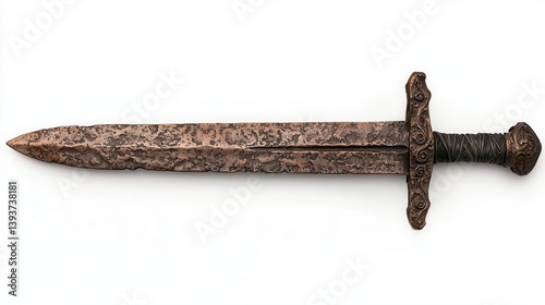 Short gladius sword with a bronze hilt, weathered blade, and ancient Roman design, set against a white background