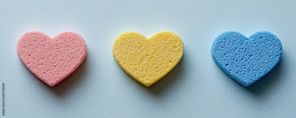 Obraz premium Three hearts made of different colors are on a blue background. The hearts are made of a soft, squishy material and are arranged in a row