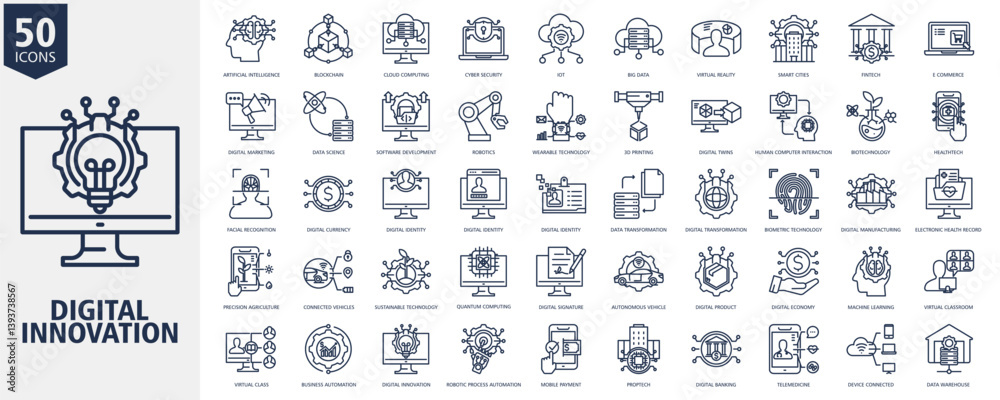 Obraz premium Digital Innovation Icon Set Outline Style with artificial intelligence, blockchain, cloud computing, cyber security, iot, big data, virtual reality, smart cities, fintech and e commerce 