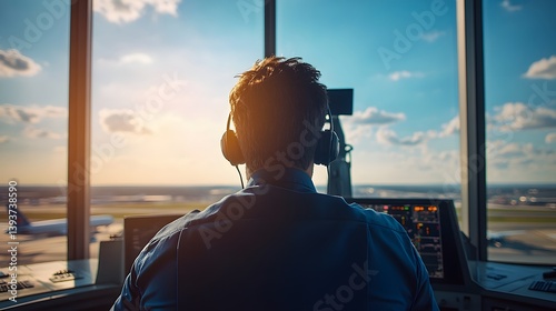 Air traffic controller wearing headphones, monitoring flight data on multiple screens at an airport during sunset.