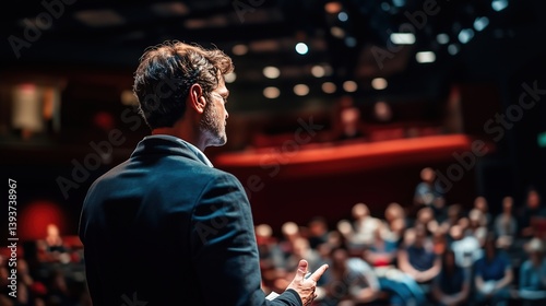 Confident speaker on stage, engaging audience with poised presence, embodying leadership and inspiration.