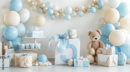 Baby boy's first birthday party setup with pastel balloons, cake, gifts, and teddy bear.