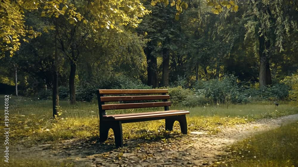 Serene park bench, autumn leaves, sunlight path Serene park bench, autumn leaves, sunlight path