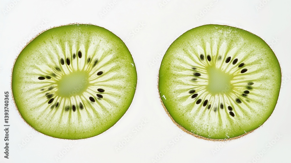Fototapeta premium Fresh Kiwi Halves with Vibrant Green Texture and Seeds, Isolated on White Background