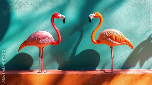 Two flamingo toys on a vibrant orange and blue background, radiating joy and optimism.