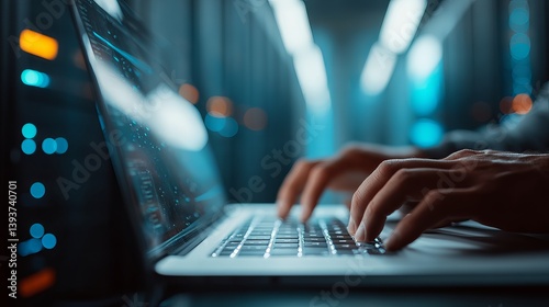Closeup Hands Typing on Laptop Keyboard in Dark Server Room Modern Technology Digital Data Network Internet Cybersecurity Business Professional       