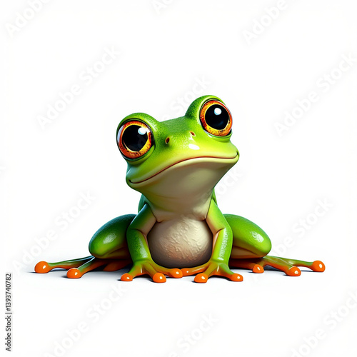 3D Style Frog with Expressive Face Sitting on White Background