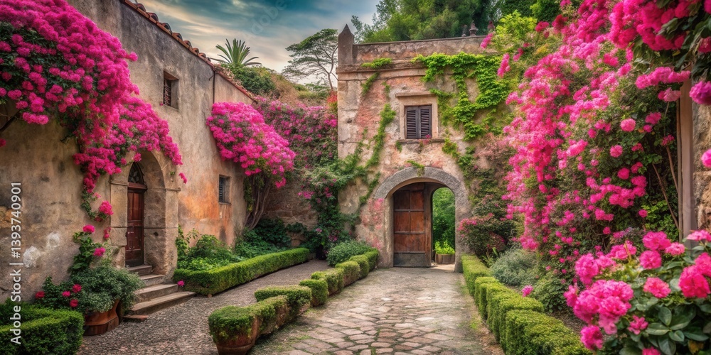 Fototapeta premium A Picturesque Courtyard with Vibrant Blooming Flowers and Ancient Stone Walls