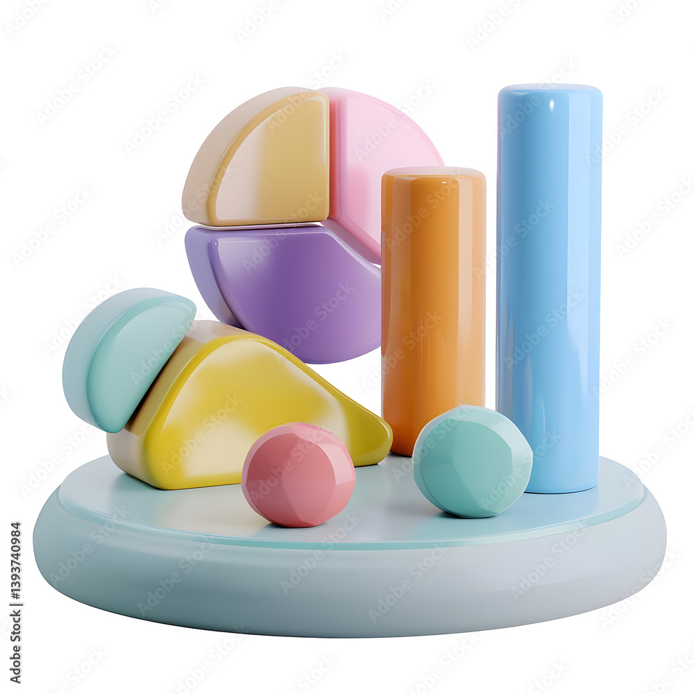 Fototapeta premium Pastel-colored geometric shapes arranged on a circular platform.