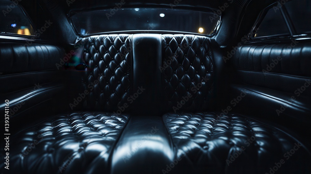 Naklejka premium Luxurious black leather backseat in classic car at night.