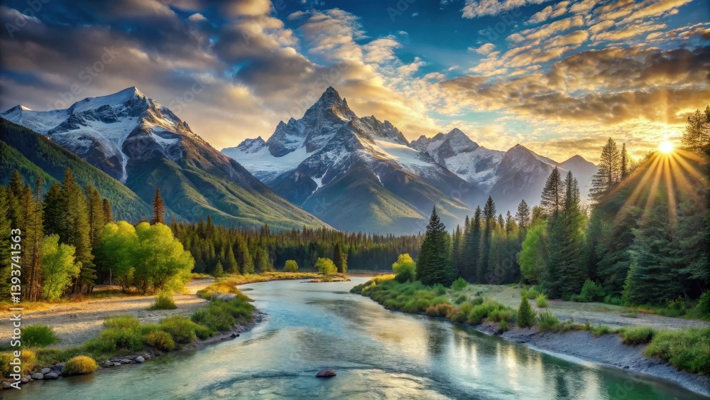 Serene Sunrise Over Majestic Mountains and a Tranquil River Valley