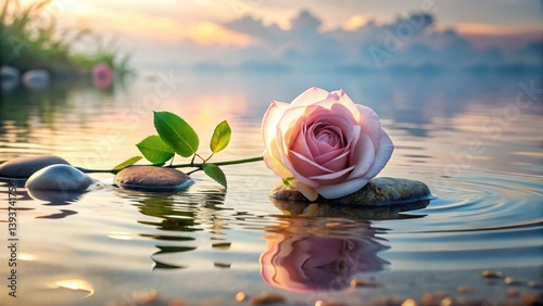Obraz na płótnie Serene Sunset A Delicate Pink Rose Gently Rests on Smooth Stones in Calm Water, Reflected in the Tranquil Surface at Golden Hour w salonie