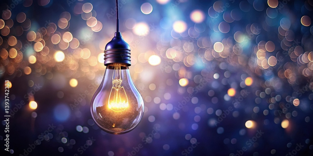 Illuminated Glass Bulb Hanging Against a Shimmering, Abstract Background of Bright Lights