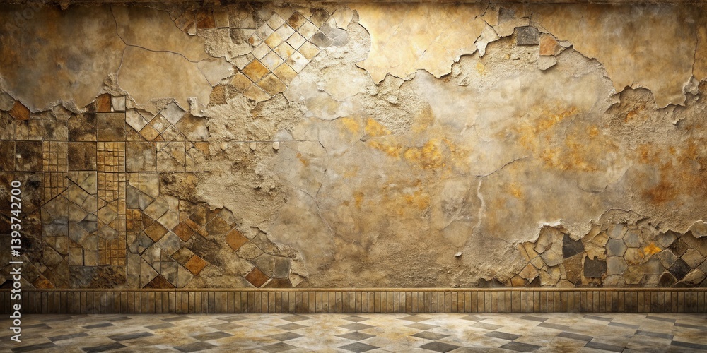 Aged Wall with Tiled Floor and Weathered Plaster Showing History and Time