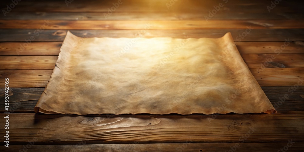 Aged parchment paper rests on a rustic wooden surface, illuminated by a warm, soft light, suggesting a sense of history and mystery.