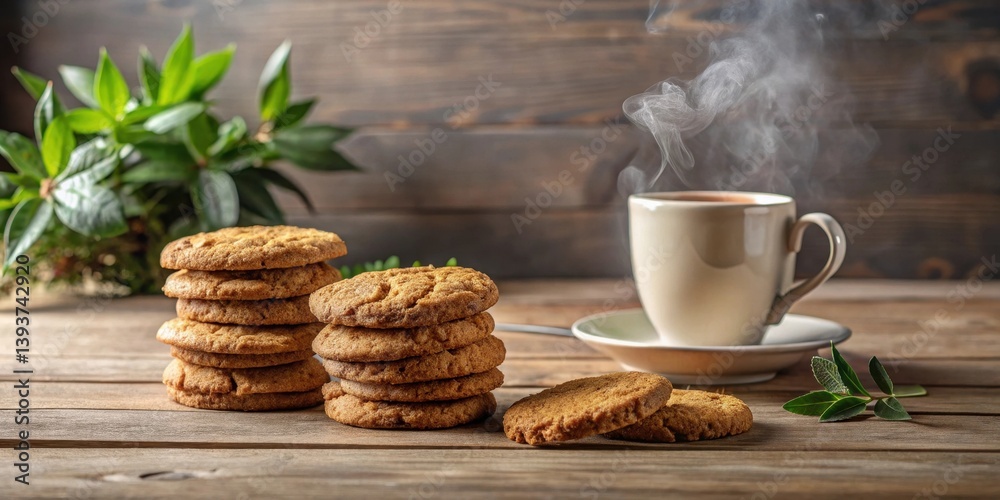 Aromatic coffee steaming in a cup, accompanied by stacks of freshly baked, golden-brown cookies on a rustic wooden table, beside sprigs of fresh greenery.