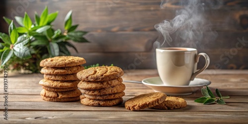 Obraz na płótnie Aromatic coffee steaming in a cup, accompanied by stacks of freshly baked, golden-brown cookies on a rustic wooden table, beside sprigs of fresh greenery. w salonie