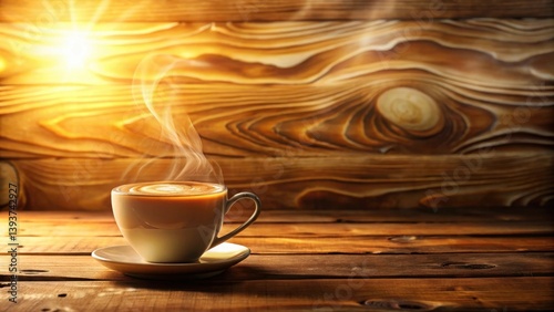 Obraz na płótnie Warm Aromatic Coffee in a Cup on Wooden Table with Sunlit Background w salonie