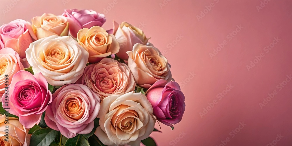 Fototapeta premium A delightful bouquet of pastel roses, showcasing a captivating array of soft pink, peach, and coral hues, arranged in a lush and romantic composition against a muted pink backdrop